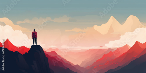 Hiker looking out over vast vivid mountain landscape. Generative AI illustration © JoelMasson