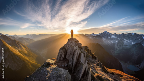 Alpine Serenity. Silhouette of a hiker on an Alps mountain peak at sunrise dawn. Active life, travel, winter, trekking, nature concept. Sedimentary limestone rocks. AI Generative