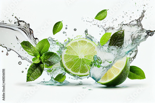Water splash, lime slices with green mint leaves on white background.