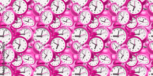 3d pattern of pink color retro alarm clock with arrow on color background