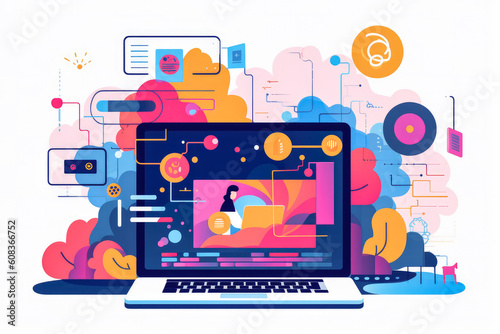 Abstract vector illustration representing the workflow and benefits of edtech or e learning. Remote learning and online education concept artwork.
