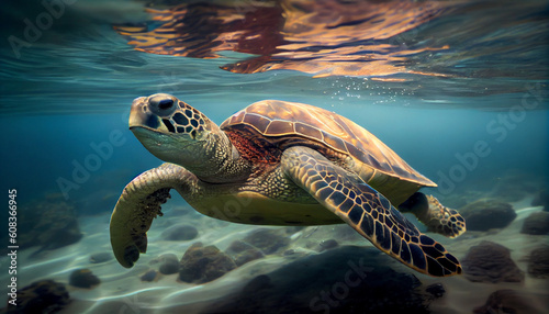 An endangered Hawaiian Green Sea Turtle cruises in the sea Ai generated image 