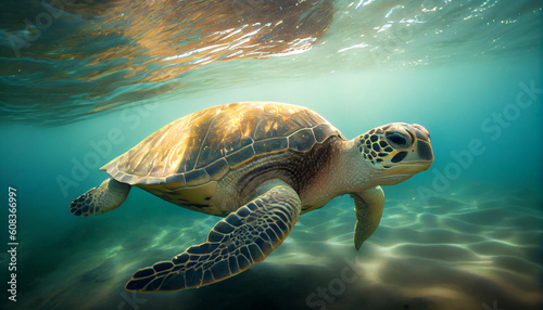 An endangered Hawaiian Green Sea Turtle cruises in the sea Ai generated image 