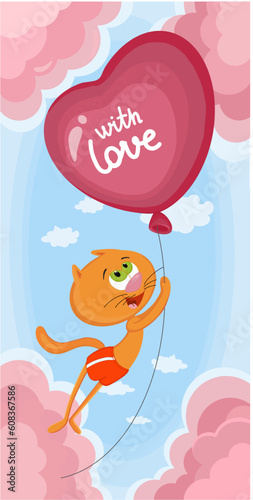 cat flies on a heart balloon with love vector illustration