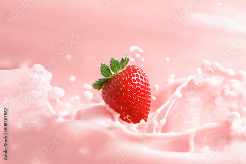 Strawberry fall into the milk until the milk spreads. Strawberry milk. AI Photo