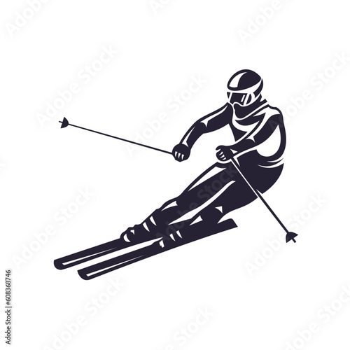 Vector black and white silhouette of a skier on a white background