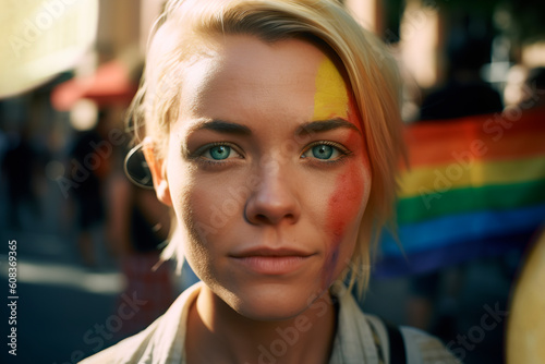 Close-up of a blonde, blue-eyed girl looking at the camera in the middle of a gay pride and lgbtiq+ demonstration