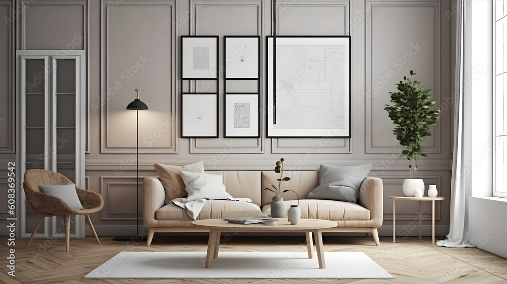 Fototapeta premium Minimalist Interior of modern living room 3D rendering, generative ai