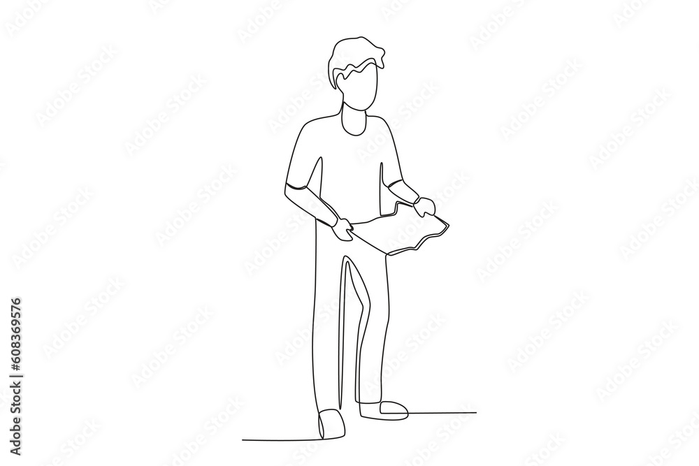 A man holding a book at the train station. Train station activities one-line drawing