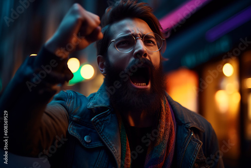 Close-up of a hipster-style guy shouting with his fist raised at a gay pride rally, defending the rights of the lgbtiq+ community