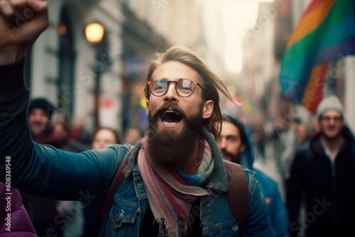 Close-up of a hipster wearing glasses shouting with his fist raised in the middle of a gay pride demonstration, defending the rights of the lgbtiq+ community
