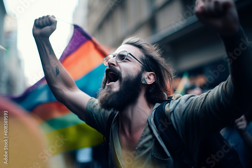 Close-up of a hipster wearing glasses shouting with both fists raised in the middle of a gay pride demonstration in defense of LGBTIQ+ rights