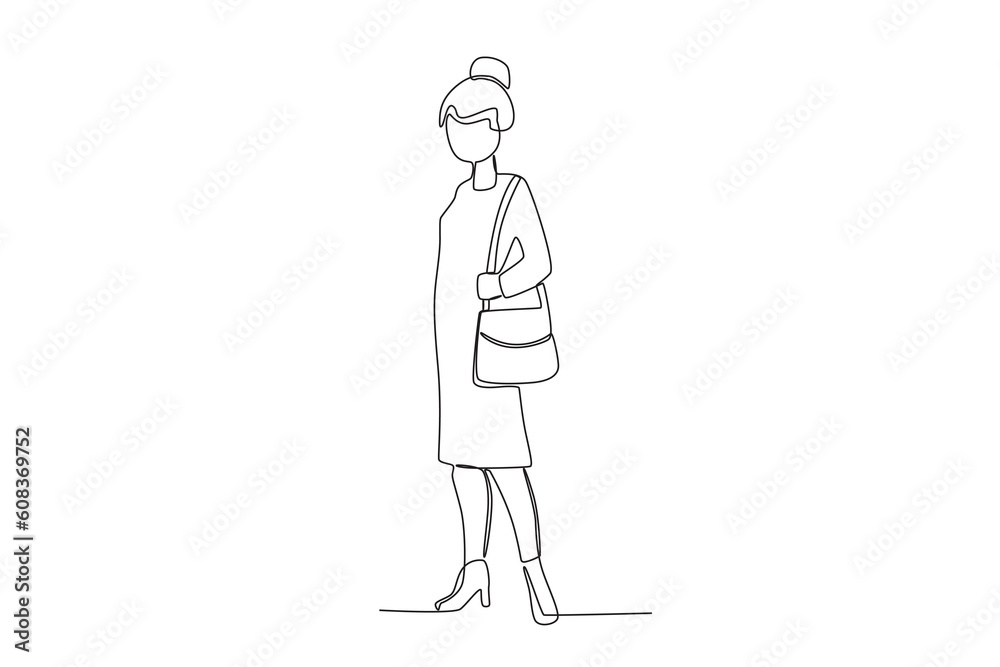 A beautiful woman standing at the train station. Train station activities one-line drawing