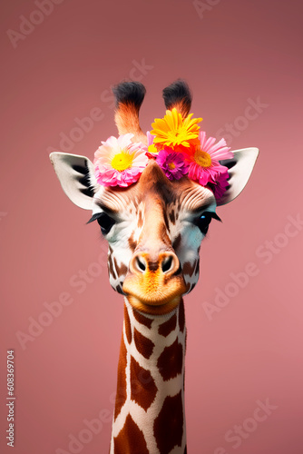Close-up of a cute giraffe with a wreath on its head on a pink background. Funny animals