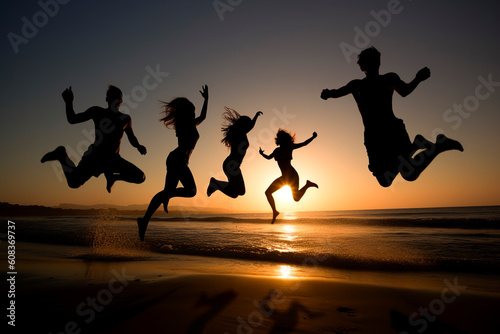 Silhouettes of a group of boys and girls jumping on the beach in a beautiful sunset. Summer vacations and end of the school year