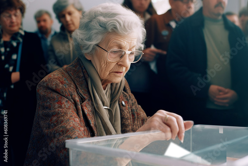 Elderly woman voting in the general election, depositing her ballot inside the ballot box. Participation of the elderly in the elections