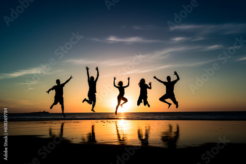 Silhouettes of a group of boys and girls jumping on the beach in a beautiful sunset. Summer vacations and end of the school year