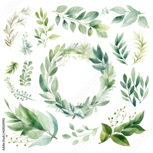 Watercolor different set of greenery wreath of botanical foliage and branches. Clipart for wedding or invitation isolated on white background. Generative AI.