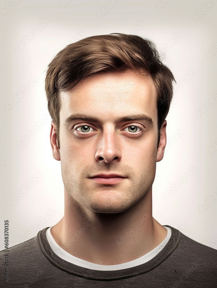 Obraz premium Passfoto biometrisch Gesicht Mann mit neutralem weißen Hintergrund, ai generativ