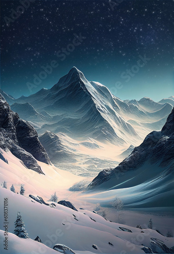 Sunset and night sky above abstract alpine mountain landscape with peaks covered by snow and clouds made with generative AI