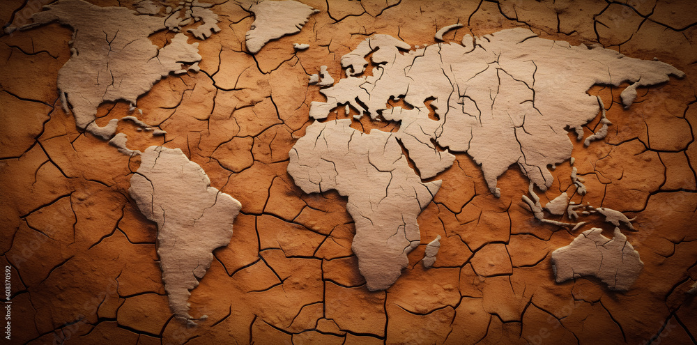 © JMarques - World map of the planet earth with all the continents in cracked and dry land due to drought. Planet endangered by climate change, natural disasters and water shortage. Generative ai. © JMarques - World map of the planet earth with all the continents in cracked and dry land due to drought. Planet endangered by climate change, natural disasters and water shortage. Generative ai.