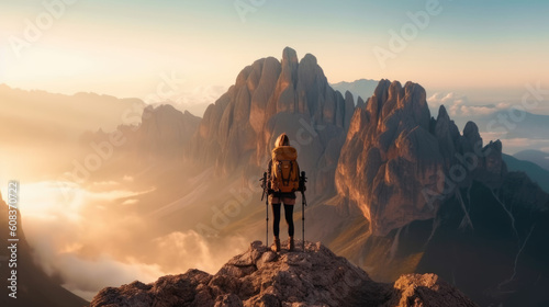 Alpine Majesty. A person standing on top of a mountain at sunrise with sun flare. Captivating beauty of the Swiss, French, and Italian Alps. Adventure and breathtaking views concept. AI Generative