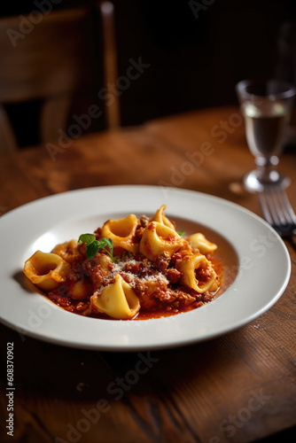 Plate of traditional tortellini with ragu (meat bolognese sauce). Generative AI