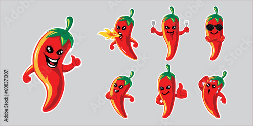 Chili mascot character sticker set, red hot chili peppers