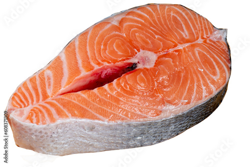 Foto Salmon steak red fish. Piece of fatty red salmon