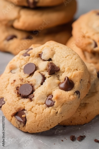 Close-up of chocolate chip cookies. Generative AI