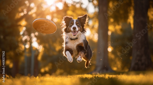Border collie dog jumping happily and catching frisbee - Generative AI photo