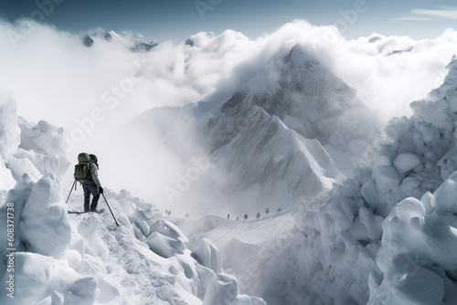 Lonely mountaineer standing tall against force of avalanche - Generative AI