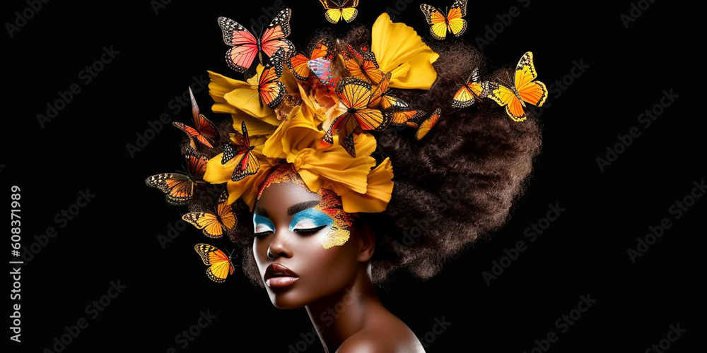 Hübsche Afroamerikanische Frau Gesicht mit Schmetterlingen im Afrolook Nahaufnahme, ai generativ Hübsche Afroamerikanische Frau Gesicht mit Schmetterlingen im Afrolook Nahaufnahme, ai generativ