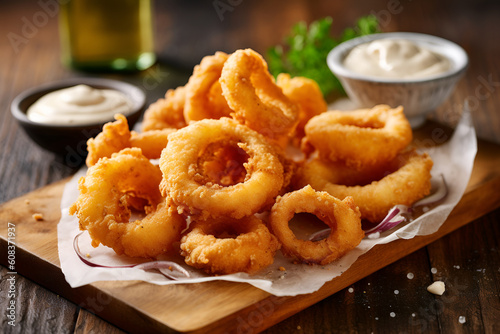 deep-fried squid rings on a wooden board and parchment with white sauce. street food. generated by AI Generative AI