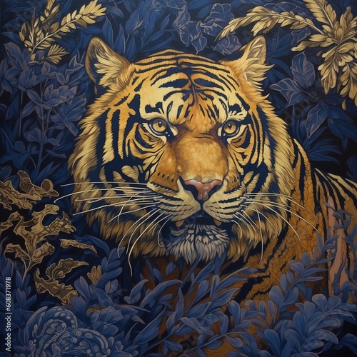 A gold plated painting showing captivating tiger  dourado  made with AI Generative art