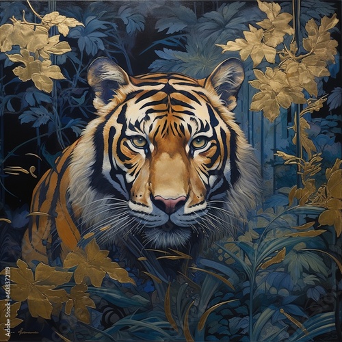 A gold plated painting showing captivating tiger  dourado  made with AI Generative art