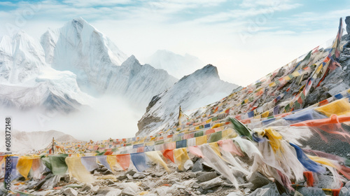 Colorful flags covering the way to mount everest base camp - Generative AI