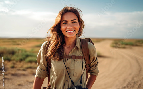 adventurous female travel blogger, woman in profession, Generative AI