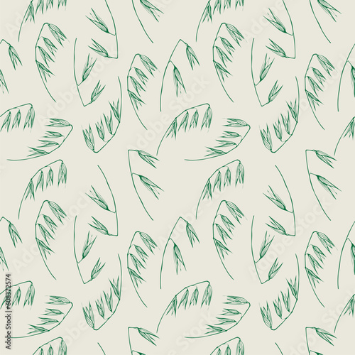 Oat repeating pattern from ears. Cereal harvest agriculture organic farming healthy food symbol. Hand drawn Oats ears. Design element for banner, print, packaging. Ornamental nature background. 