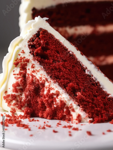 Close-up of a sliced red velvet cake. Generative AI