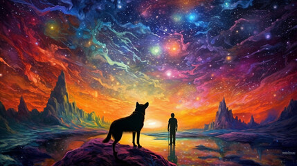 Leinwandbilder Aubergine man and his dog companion exploring fantastical dreamy landscape showing colors of the illustrated universe - Generative AI  © Luca