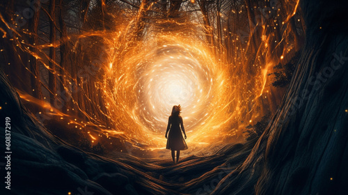 Surreal illustration of woman opening a portal in the forest - generative AI photo