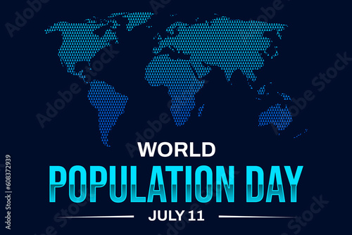 World Population Day wallpaper with world map and typography in white. July 11 is observed to raise awareness about population issue