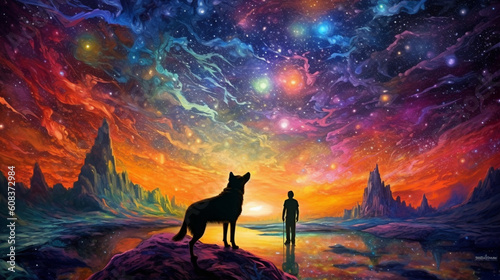 man and his dog companion exploring fantastical dreamy landscape showing colors of the illustrated universe - Generative AI © Luca
