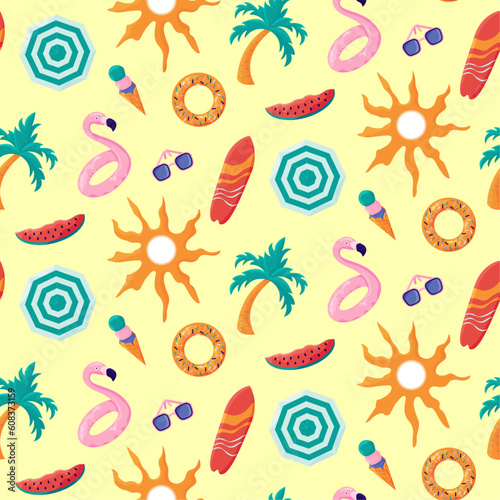 Colorful seamless summer pattern with palm tree, flamingo and donut rubber ring, icecream cone, sunglasses, umbrella, watermelon