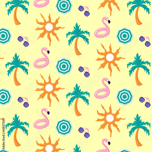 Colorful seamless summer pattern with palm tree, flamingo rubber ring, sunglasses, umbrella