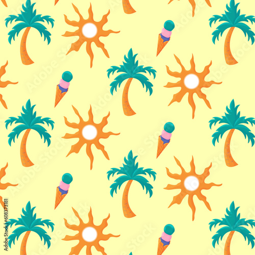 Colorful seamless summer pattern with sun, palm tree, icecream cone