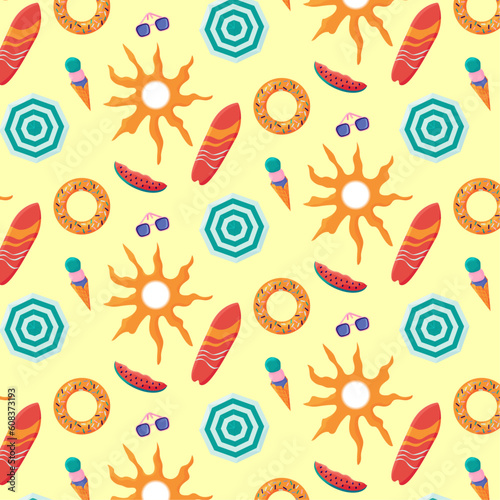 Colorful seamless summer pattern with umbrella, donut rubber ring, sunglasses, icecream cone, surfboard, watermelon slice