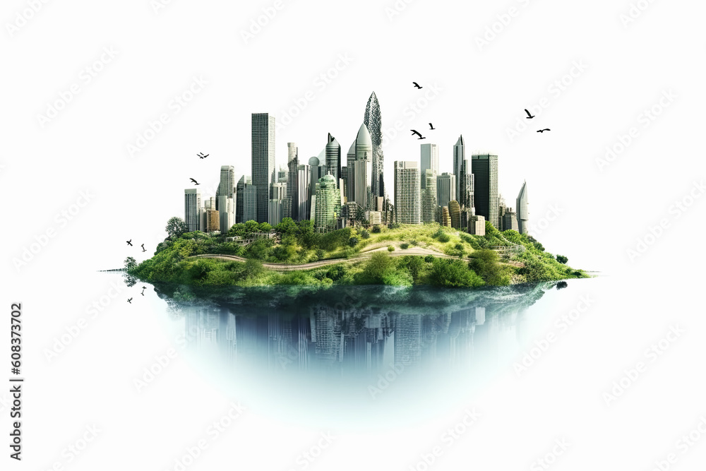 Edificios y ciudad ecologica sobre fondo blanco. Ilustración de Ia generativa