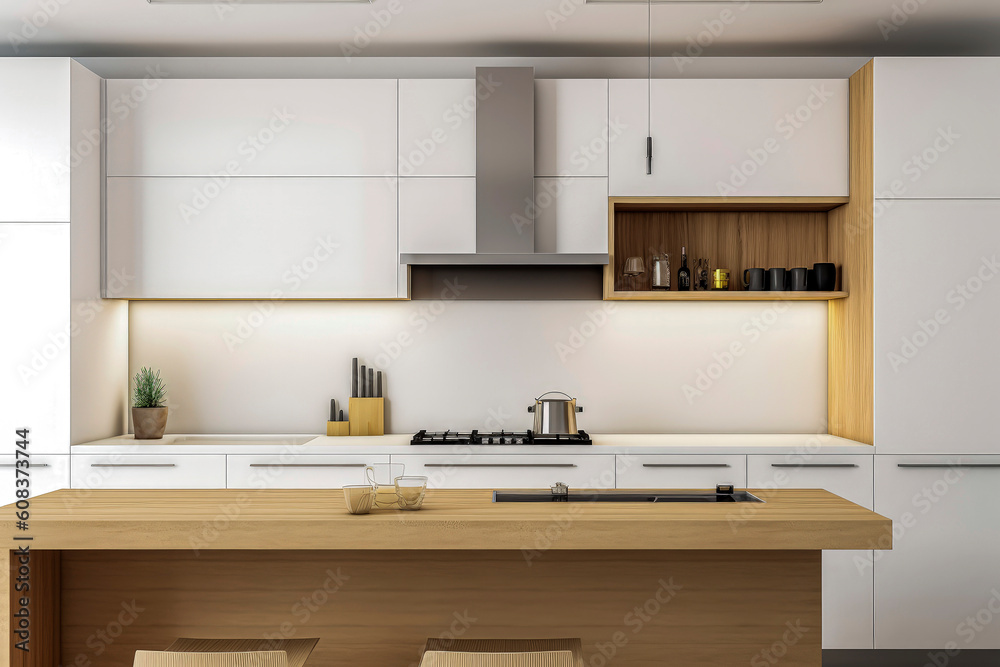 Generative AI illustration of a large kitchen with minimalist decoration and furniture in white Generative AI illustration of a large kitchen with minimalist decoration and furniture in white